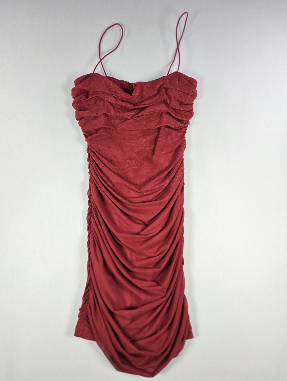 Princess Polly Tara Ruched Mesh Mini Dress Burgundy Red Size 6 Excellent